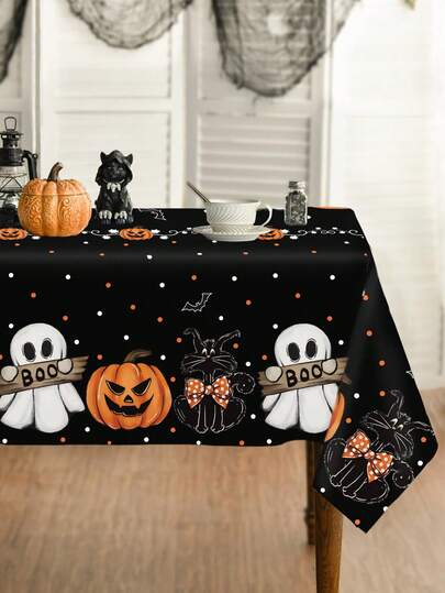 1 件万圣节桌布、万圣节幽灵、黑猫和南瓜桌布、180*140/220*152 厘米涤纶桌布、万圣节快乐装饰、万圣节派对装饰、万圣节不给糖就捣蛋装饰、万圣节家居装饰、厨房装饰、餐桌装饰、桌面装饰、秋季装饰
