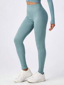 NcmRyu 1pc  Solid Color Women S High Waist Yoga Pants Medium Stretch Long Length Elastic Waist Skinny Fit Knit Fabric With Elastic Waist For All Seasons Sports Leggings  Comfortable Activewear For Fitness Gym Running And Outdoor Activities - 藍色 - 查看 4