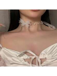 1 件优雅网状花朵和人造珍珠设计法式新娘项链，适合锁骨情人节