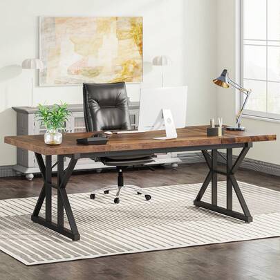 Tribesigns Solid Wood Office Desk 180cm, Spacious Modern Executive Desk, Large Computer Workstation, Farmhouse Style Laptop Table, Minimalist Study Desk For Home Office, Brown & Black