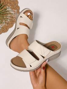 New Women's Solid Color Casual Massage Heeled Comfort Slippers With Hook And Loop Thick Sole For Outdoor Wear, Summer - Beige - View 3