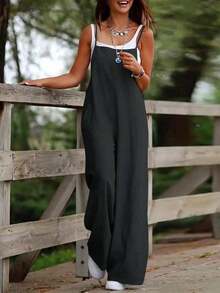 Women's Sleeveless Solid Color Spaghetti Strap Jumpsuit With Pockets - Black - View 1