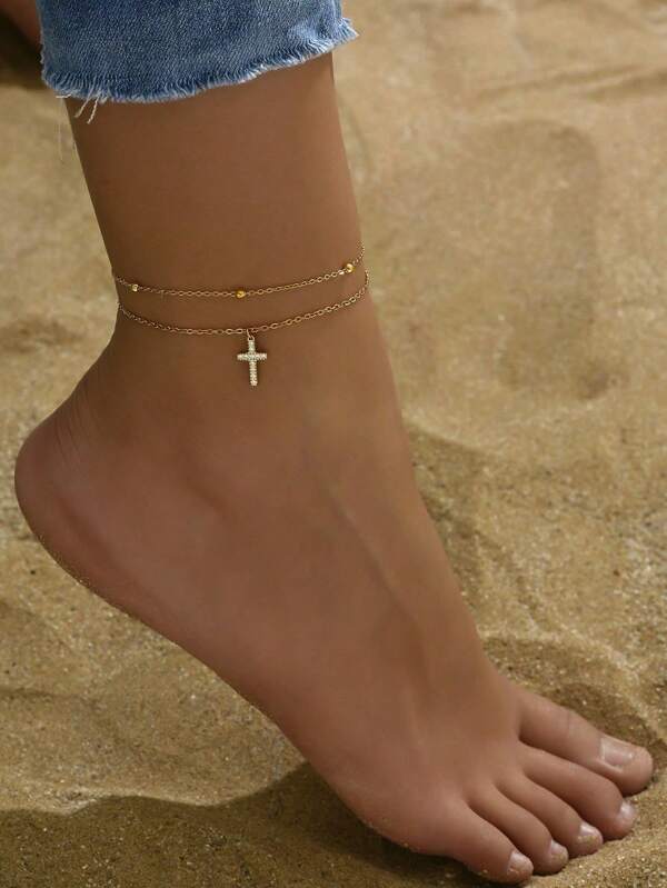 1pc Rhinestone Cross Anklet With Double Beaded Chain, Stainless Steel Foot Jewelry For Women, Beach, Holiday, Casual Wear, Gift
