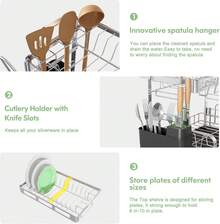 2 Tier Dish Drying Rack For Kitchen Counter, Large Dish Dryer Rack For Saving Space, Stainless Steel Dish Drainers With Cutlery Holder And Cup Rack, Grey - 灰色 - 查看 5