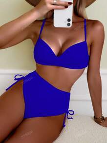 Women's Summer Beach Holiday Simple Solid Color Drawstring Ruched Tankini Bikini Set Set