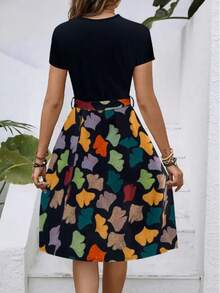 Floral Print Round Neck Dress, Elegant Short Sleeve Tie Dye Dress For Spring And Summer - Màu vàng - Xem 8