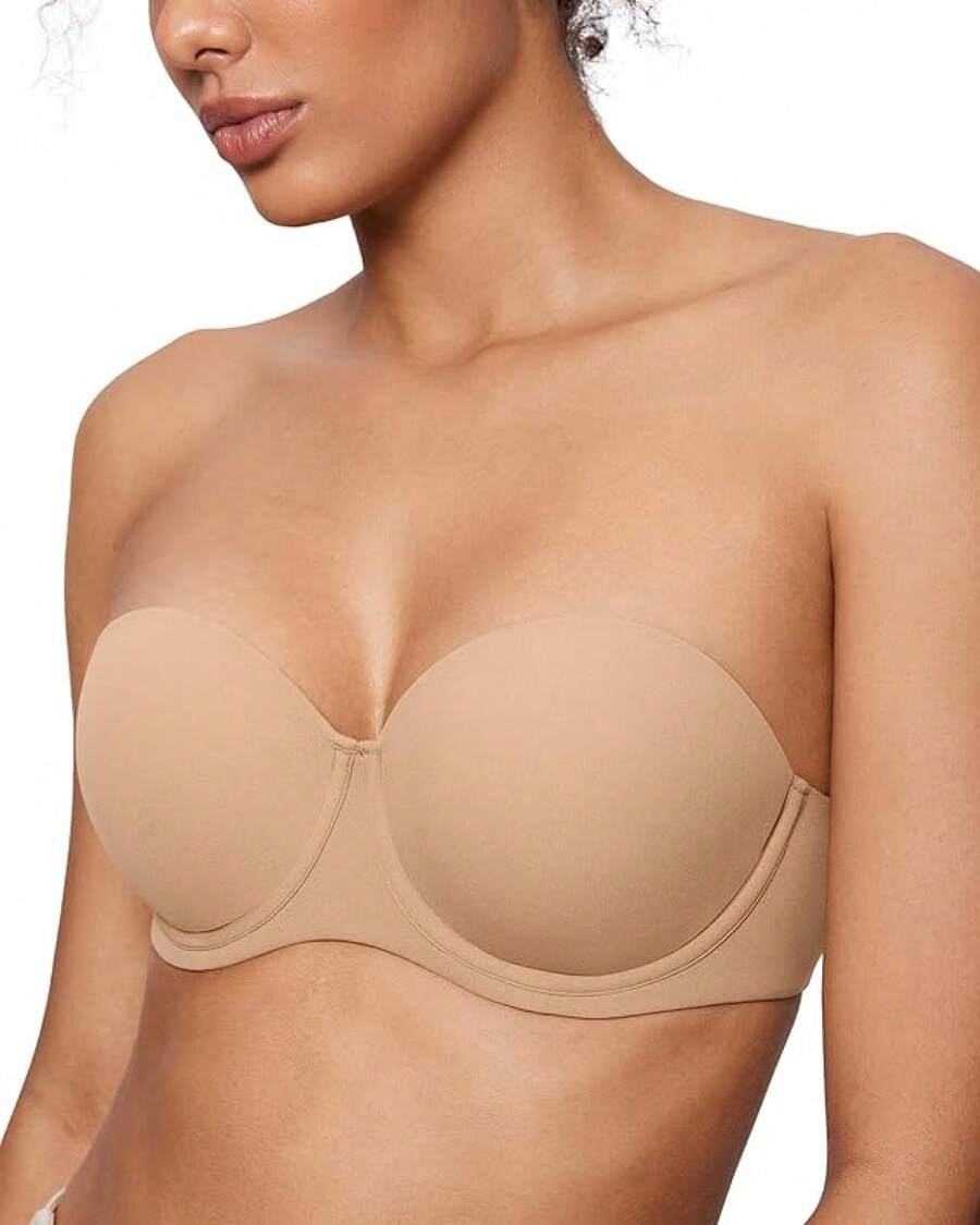 INLYRIC Women's Inbarely Plus Strapless Bra Full Coverage Lightly Lined Multiway Underwire Support Seamless Bras - 暖米色 - 大一碼 - 查看 1