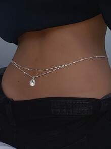 1 pieza Cadena de cintura de doble capa con gota de agua en color plateado, cadena corporal sexy y a la moda para mujeres, joyería para fiestas y discotecas