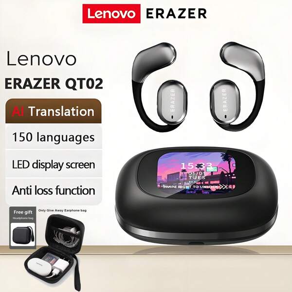 Lenovo [KI Ohrhörer] Lenovo Erazer QT02 Bluetooth-Ohrhörer, Sleep ASMR-Ohrhörer, unterstützen Echtzeit-Bluetooth-Übersetzung in 140 Sprachen, DIY-Equalizer-App, KI-Funk-Ohrhörer, geeignet für Büro und Reisen, rauschunterdrückende Ohrhörer, Geschenk zum Feiertag