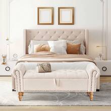 Fumahaus 51''Beige Bedroom Chair End Of Bed Ottoman Bench With Button-Tufted Large Upholstered Storage Nailheaded Chair With Rolled Arms Accent Chair With Wood Legs For Bedroom Hallway Room Entryway - 人造亞麻-米色 - 查看 4