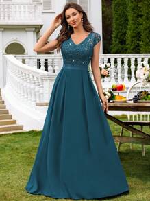 MIUSOL V-Neck Sequin Lace Short Sleeve Chiffon Ruffle Hem Maxi Dress, Elegant Women's Party Gown, Formal Evening Dress, Ball Gown, Suitable For Wedding Guest, Graduation Ceremony, Gala Dinner And Other Occasions - Dusty Blue - View 2