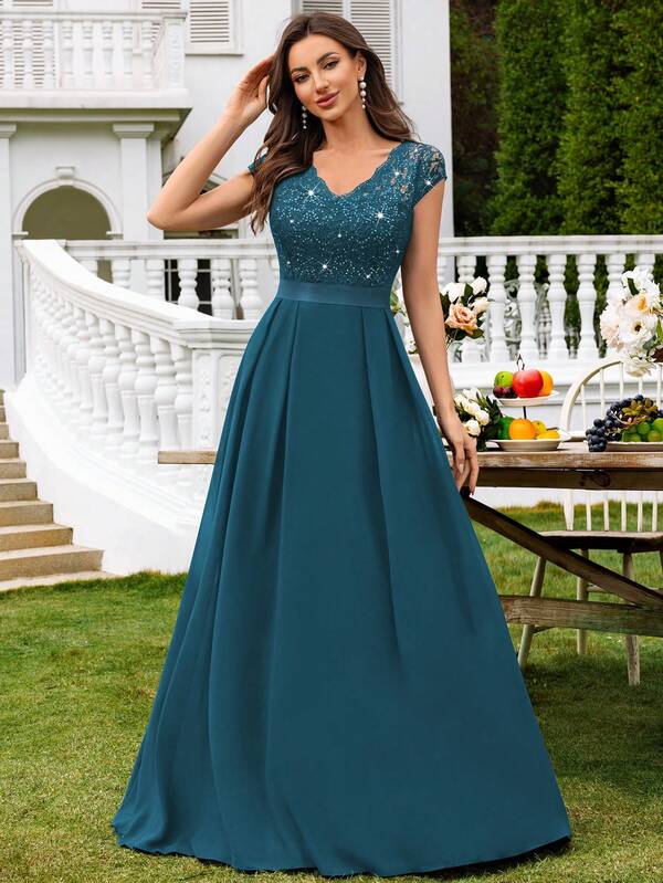 MIUSOL V Neck Sequin Lace Cap Sleeve Chiffon Pleated Hem Evening Party Maxi Dress, Elegant Party Dress For Women, Formal Evening Gown, Prom Dress, For Wedding Guest, Graduation, Dinner