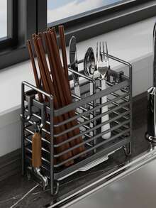 1 Pc 2/3 Grid Stainless Steel Chopstick Holder, Cutlery Drain Rack, Cutlery Storage Rack, Home Storage Organizer For Home, Dormitory With Drain Tray, Kitchen Accessories - Multicolor - View 12