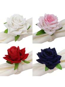 1 件多色随机玫瑰餐巾环，手工花餐巾架，人造玫瑰餐巾环，适用于情人节派对、婚礼餐桌装饰