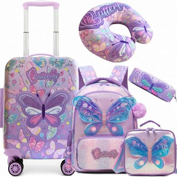 5PCS Girl's Travel Luggage Set Suitcase Set For Girls School Bag Cute Boys Backpacks With Wheels Ages 8-10 With Lunch Box Bag Kids Luggage Set Travel Backpack For Elementary Students Backpack To School Supplies