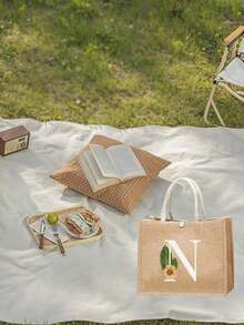 亚麻手提袋，包括印有首字母 A-Z 的手提袋、白色字母、向日葵花、花朵、个性化礼品包装、带白色扣环的黄色亚麻白色手提袋，适合婚礼、生日、海滩、节日，是送给女性、母亲、教师、朋友、伴娘、大包、学生和返校的完美礼物 - 卡其色 - 查看 8