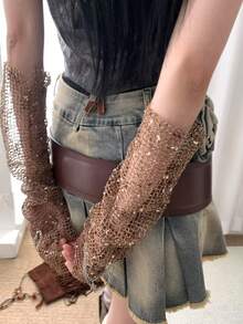 1 Pair Unique Distressed Style Mesh Arm Sleeves For Women, Retro Grunge Y2K Subculture, Lightweight For Summer - Brown - View 5