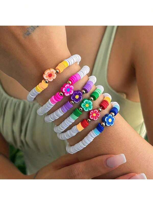 Conjunto de 5 pulseiras com pingentes de flores coloridas boêmias, argila de polímero e contas elásticas CCB