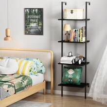 Ladder Shelf 4 Tiers Metal Industrial Bookshelf,Black Wooden Tall Open Storage Rack And Display Shelves,Wall Mount Wide Book Case For Home Office Bedroom,Small