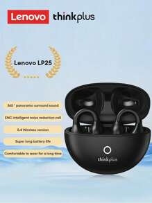 Lenovo Écouteurs Bluetooth Lenovo LP25 avec étui de protection transparent, style tour d'oreille, Écouteurs Bluetooth 5.4 ENC anti-bruit avec longue autonomie et commandes tactiles intelligentes, compatibles avec les appareils Apple et Android