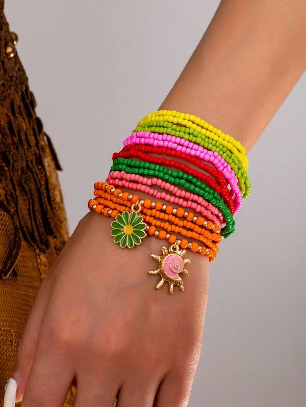1 Set Summer Fashion Colorful Rice Bead Stacked Bracelets, And Minimalist Design, Great Gift For Mother's Day