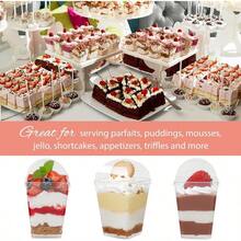 Paquete de 25 vasos de 5 onzas de postre con tapas con cúpula y cucharas, vasos de pudin de plástico con tapas, tarros individuales de parfait, pudín de plátano, gelatina, yogur, frutas, para fiestas - Claro - Ver 4