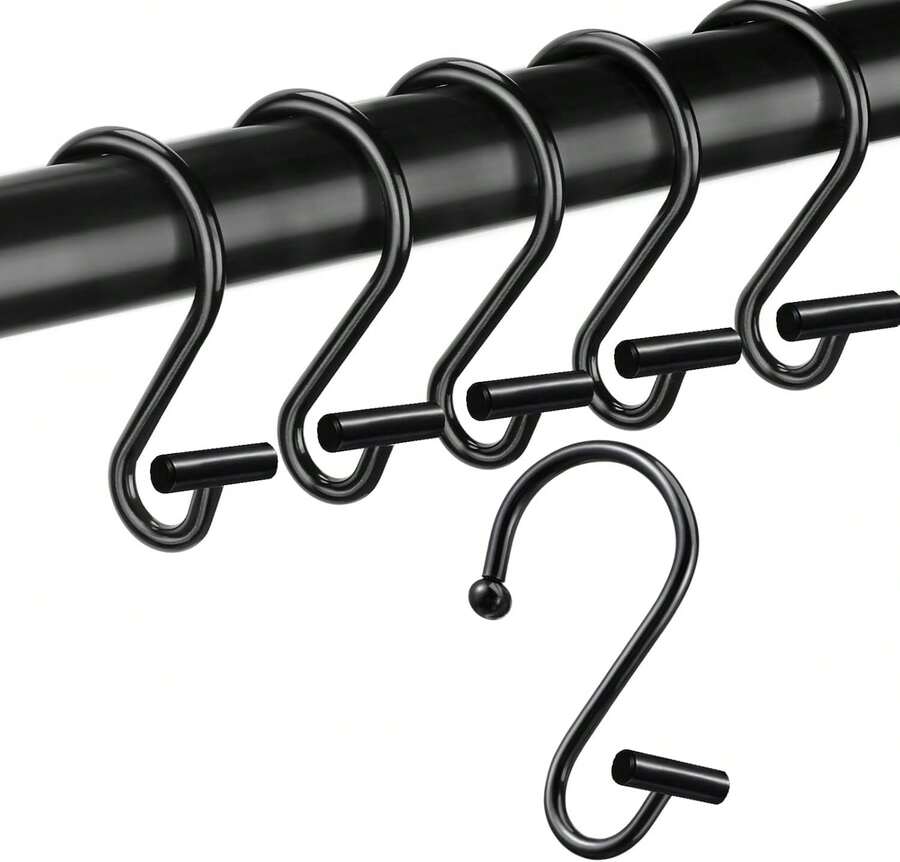 Shower Curtain Hooks Rings, 12 Pack Metal S Hooks Rust Proof For Hanging Bathroom Shower Curtain Liner/Outer Curtains, Clothing Jeans Plants Hooks (Black Straight Stick) - 黑色 - 查看 1