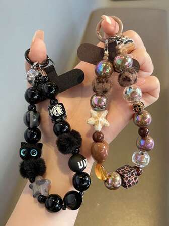 Porte-clés haut de gamme niche avec chat noir moelleux, lanière de téléphone avec perles, bracelet poignet, pendentif de sac