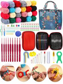 EDCUEBE7 Kit de démarrage de crochet pour débutants, crochets de tailles A-1, A, B, C, 24/15/10/5 couleurs 25g de fil, pour le crochetage, crochets ergonomiques convenant aux débutants, aux adultes et en cadeau (accessoires de couleur aléatoire)