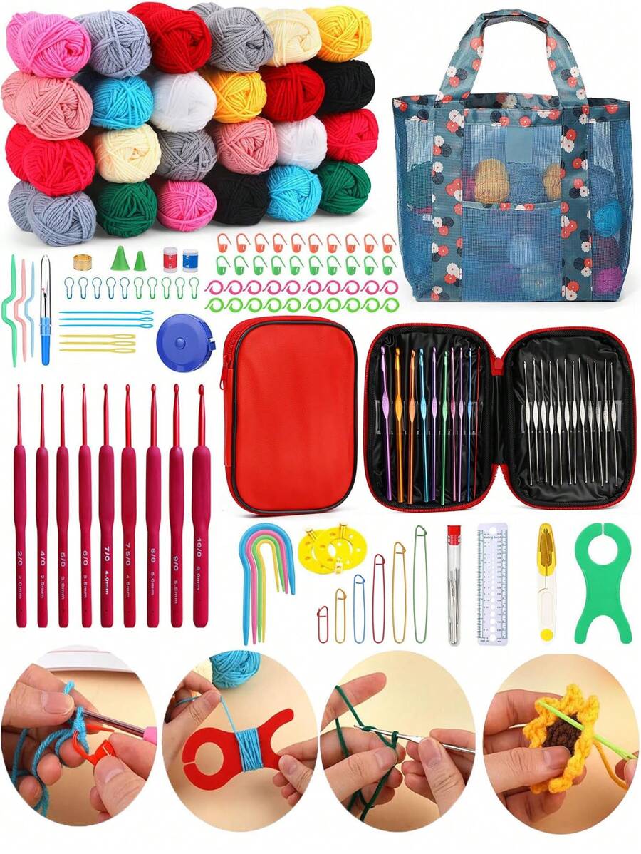EDCUEBE7 Kit de démarrage de crochet pour débutants, crochets de tailles A-1, A, B, C, 24/15/10/5 couleurs 25g de fil, pour le crochetage, crochets ergonomiques convenant aux débutants, aux adultes et en cadeau (accessoires de couleur aléatoire)