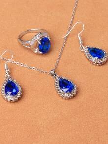 1 Set de joyas clásicas de unicolor con forma de gota de agua, que incluye aretes, collar y anillo, conjunto de 4 piezas de moda - Morado - Ver 4