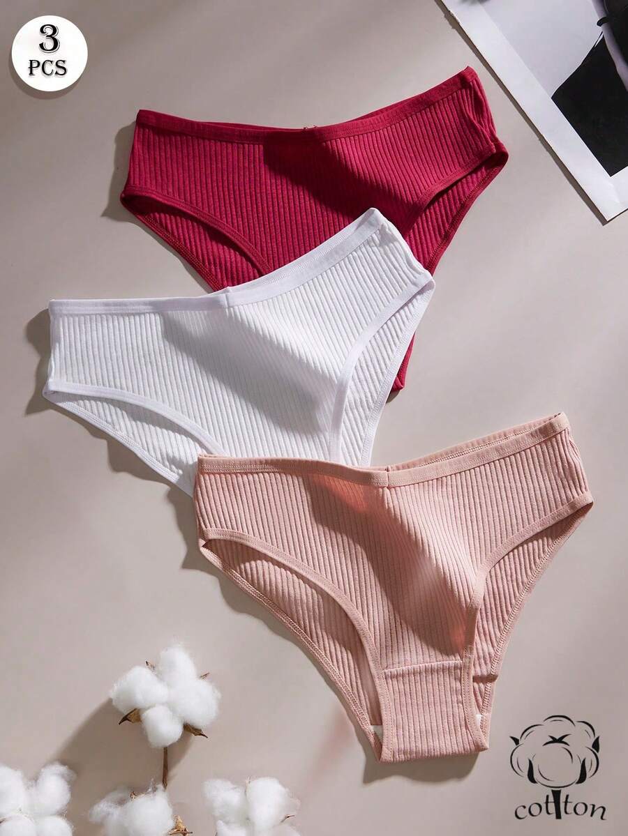 3 条装女士简约螺纹内裤居家舒适风格女士三角裤 - 彩色 - 查看 1