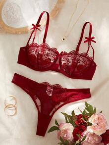 2-Piece Valentine's Day Women's Women's Burgundy Romantic Embroidered Thong Lingerie 2-Piece Set, Custom Butterfly Lingerie Set - 紅色 - 查看 2