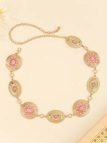 Vintage Waist Chain, Turquoise Inlaid Metal Alloy Chain, High-End Luxury Chinese Retro Style Dress Waist Chain - Gold - View 4