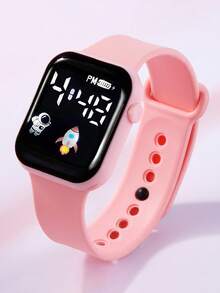 6pcs Elegant Minimalist LED Square Digital Wristwatch & Butterfly Bracelet Necklace Earrings Ring Jewelry Set, Astronaut Rocket Glow Design, Great Gift For Children Back To School, Daily Wear And Birthday Present - Pink - View 6