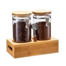 QY Coffee Canister Set With Shelf 2 X 50oz Coffee Bean Canister Storage Station Organizer With Airtight Lid For Kitchen Food Storage With Scoop For Ground Sugar Cereal And Tea 7547 - Brown - View 1