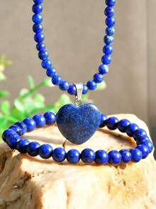 2pcs Vintage Nature Sodalite Stone Necklace And Bracelet Set, Heart Pendant Choker, Handmade Beaded Bracelet, Special Gift - Multicolor - View 4