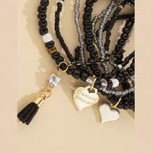 1 Set Sweet & Fresh-Style Rice Bead Material Heart-Shaped Pendant Multi-Layer Bracelet Set, Suitable For Daily Wear And Gathering With Friends - Black - View 3