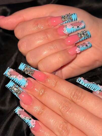 24 Pieces Of Long Square Acrylic Press On Nails Refreshing Sky Blue In Summer Personalized Zebra Pattern Sexy Sparkling Rhinestone Long Nails Cute White Rhinestone Bear Smart Little Pink Flower Girl Gift Holiday Party Essential Fake Nails With Jelly Glue 1 Piece File Strip 1