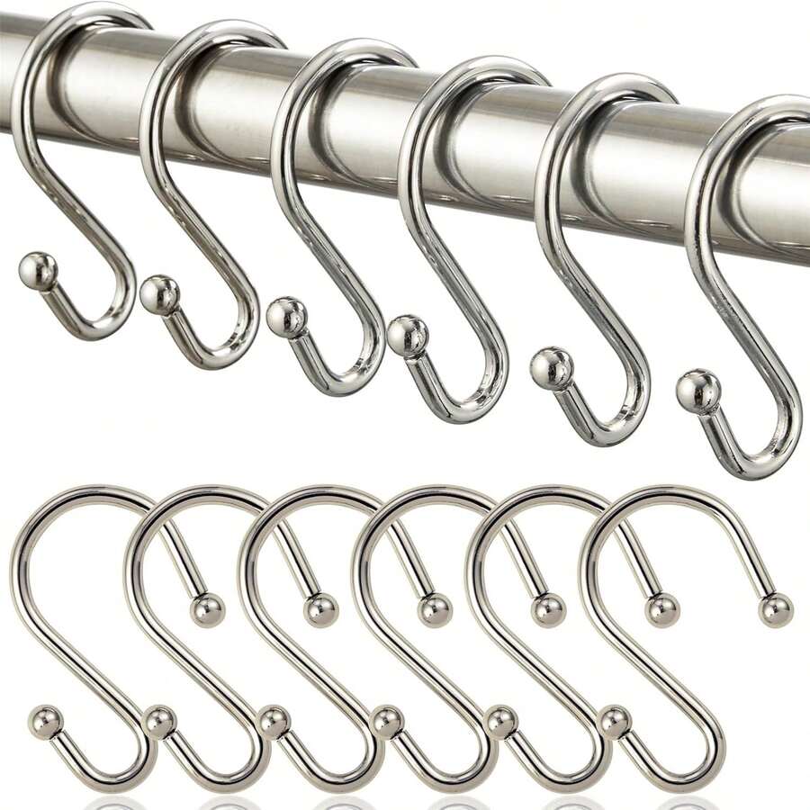 Shower Curtain Hooks, Metal Shower Hooks For Shower Curtain Rod, Rust Proof Metal Shower Curtain Rings, S Hook Set Of 12, Nickel. - Multicolor - View 1