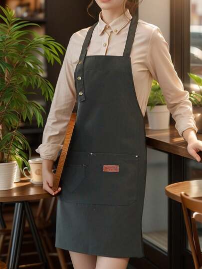 1pc Adjustable Bib Apron With 3 Straps And Large Pockets, Canvas Chef Cooking Apron For Kitchen, Cafe, Restaurant, Unisex