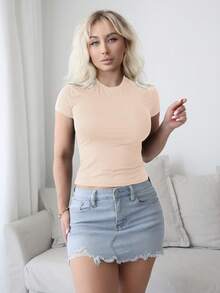 Vaiaye Women's Casual Solid Color Short Sleeve Christmas T-Shirt - Apricot - View 5