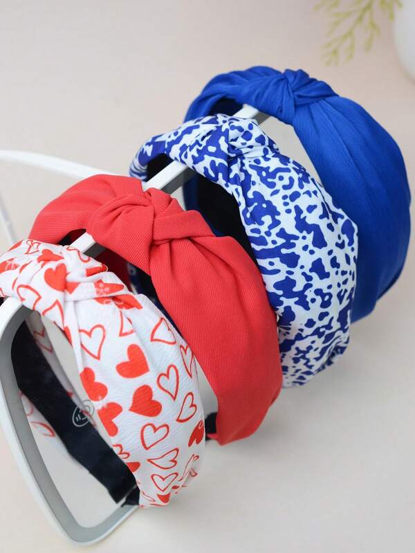 4pcs Red & Blue Solid Color Middle Knot Wide Edge Headbands, Cow Print Pattern, Casual Style, Hair Band, Diadema, Hair Hoop