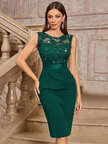 MIUSOL Classic Sequin Floral Lace Round Neck Sleeveless Cocktail Party Bodycon Dress, Elegant Women Dress - Dark Green - View 4