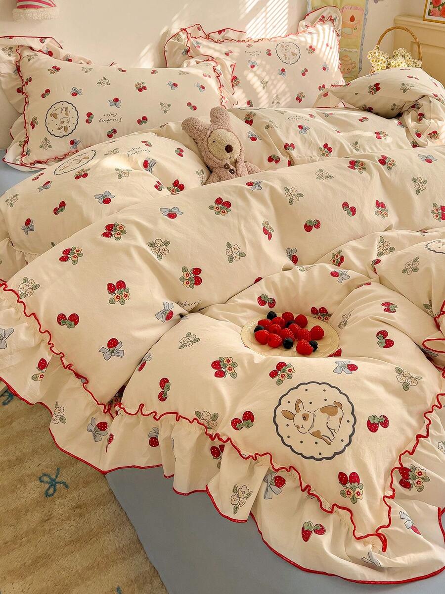 4pcs Lace Bedding Set, Soft & Comfortable Bedroom Linens, Lace Design, Cute Floral, Strawberry, Rabbit Pattern, Breathable & Soft All Season Bedding Set Including 1 Duvet Cover, 1 Bed Sheet, 2 Pillow Shams, No Filling, Suitable For Bedroom, Dorm, Home Use, Multiple Sizes Available