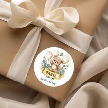 定制感谢贴纸 - 圆形温暖风格设计，带有欢快的棕熊、漂浮气球和 DANKE 横幅，白色纸质贴纸，用于礼品包装、生日、公司礼品（德国感谢）、节日装饰、俏皮主题、手工外观、装饰标签、德语使用者、学校用品、返校