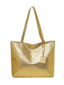 Women's Fashion Crocodile Embossed Tote Bag, Large Capacity, Stylish & Durable, Suitable For Daily Use - Gold - View 4