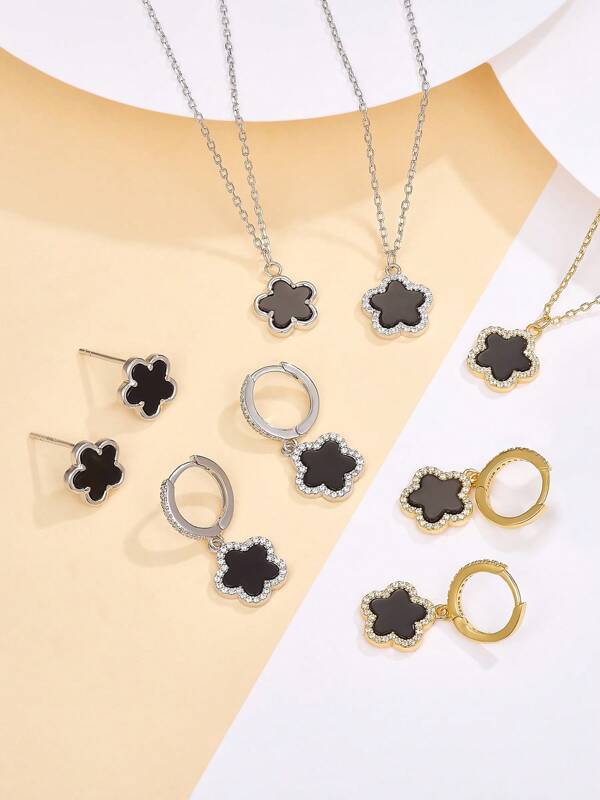 1 Set 925 Sterling Silver Hypoallergenic Lucky Four-Leaf Clover Necklace, Pendant Earrings – Five-Leaf Flower Pattern Inlaid With Artificial Black Onyx – Sweet Cute For Girls' Daily Wear/Parties – Ideal Lucky Gift For Daughters Friends