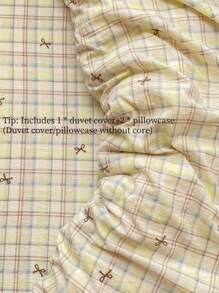 3pcs Beige Line & Bow Printed Bedding Set (1 Duvet Cover + 2 Pillowcases) 100% Polyester, No Insert, Machine Washable