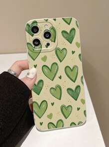 1pc Heart-Shaped Printed Green Mobile Phone Case, Compatible With Apple And